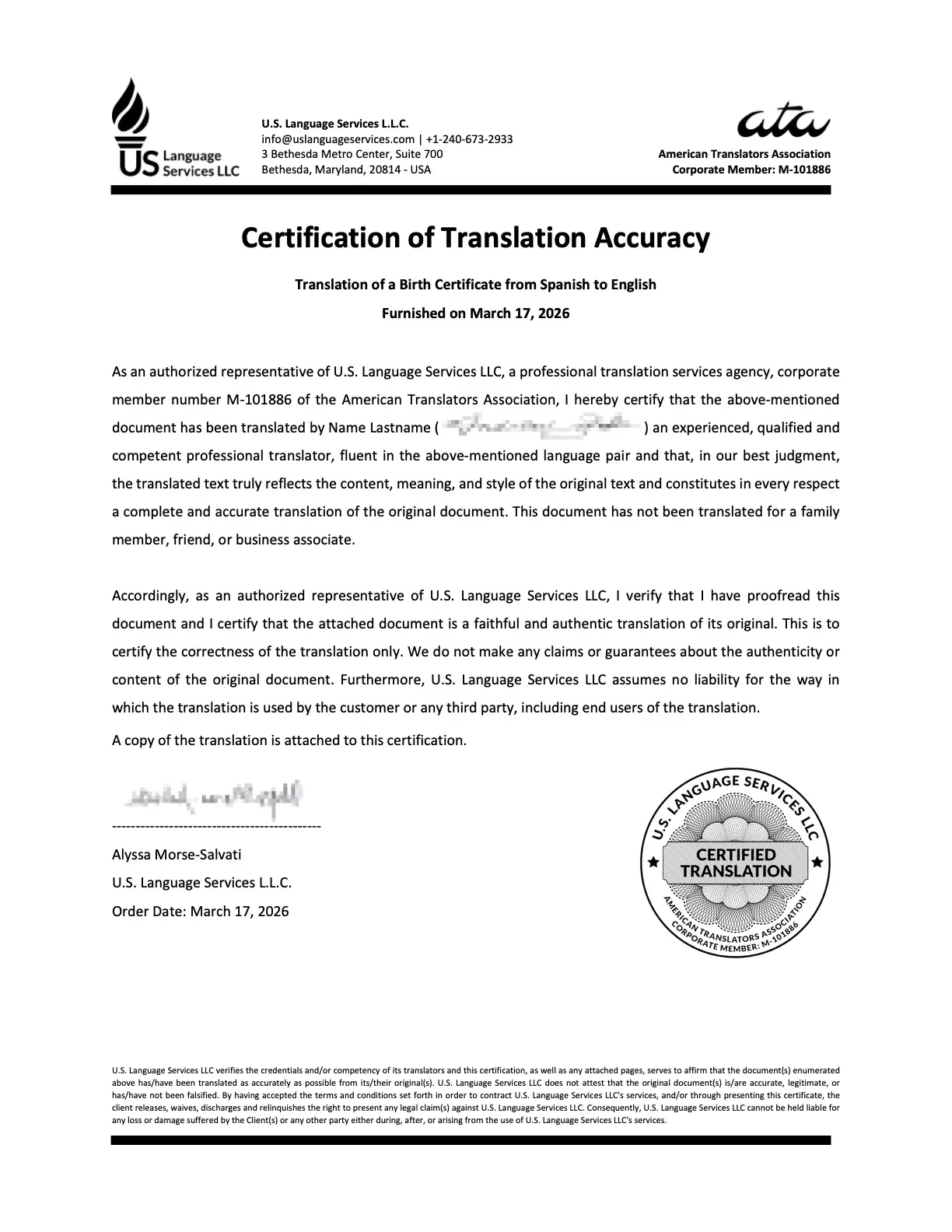 A Certification of Translation Accuracy on U.S. Language Services LLC letterhead: the company address, the American Translators Association corporate membership, the certifying paragraphs, a signature and the certified translation seal.